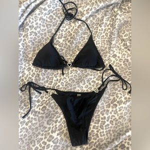 Y2K style String Bikini sparkly silver heart detailing color black size Large